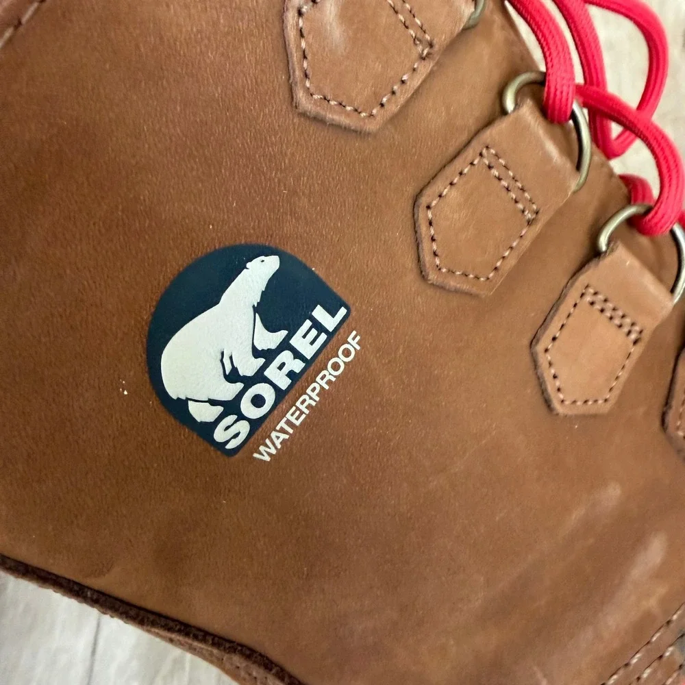 Sorel Caribou Waterproof Winter Boots Tan Suede Red Laces Women Size 8 Excellent